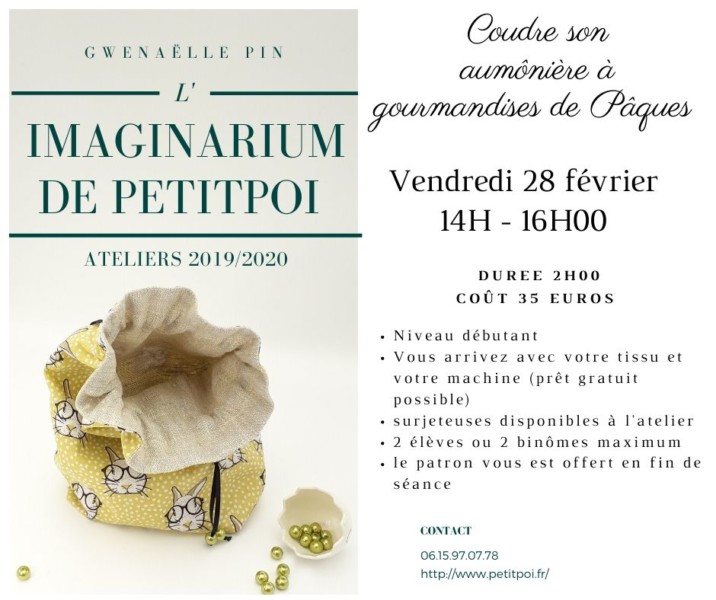 Atelier pour apprendre à coudre en binôme avec son enfant pendant les vacances de février 2020. Réalisation d'une aumônière pour glisser des gourmandises de Pâques. Accessible aux débutants, patron offert à la fin de la séance.